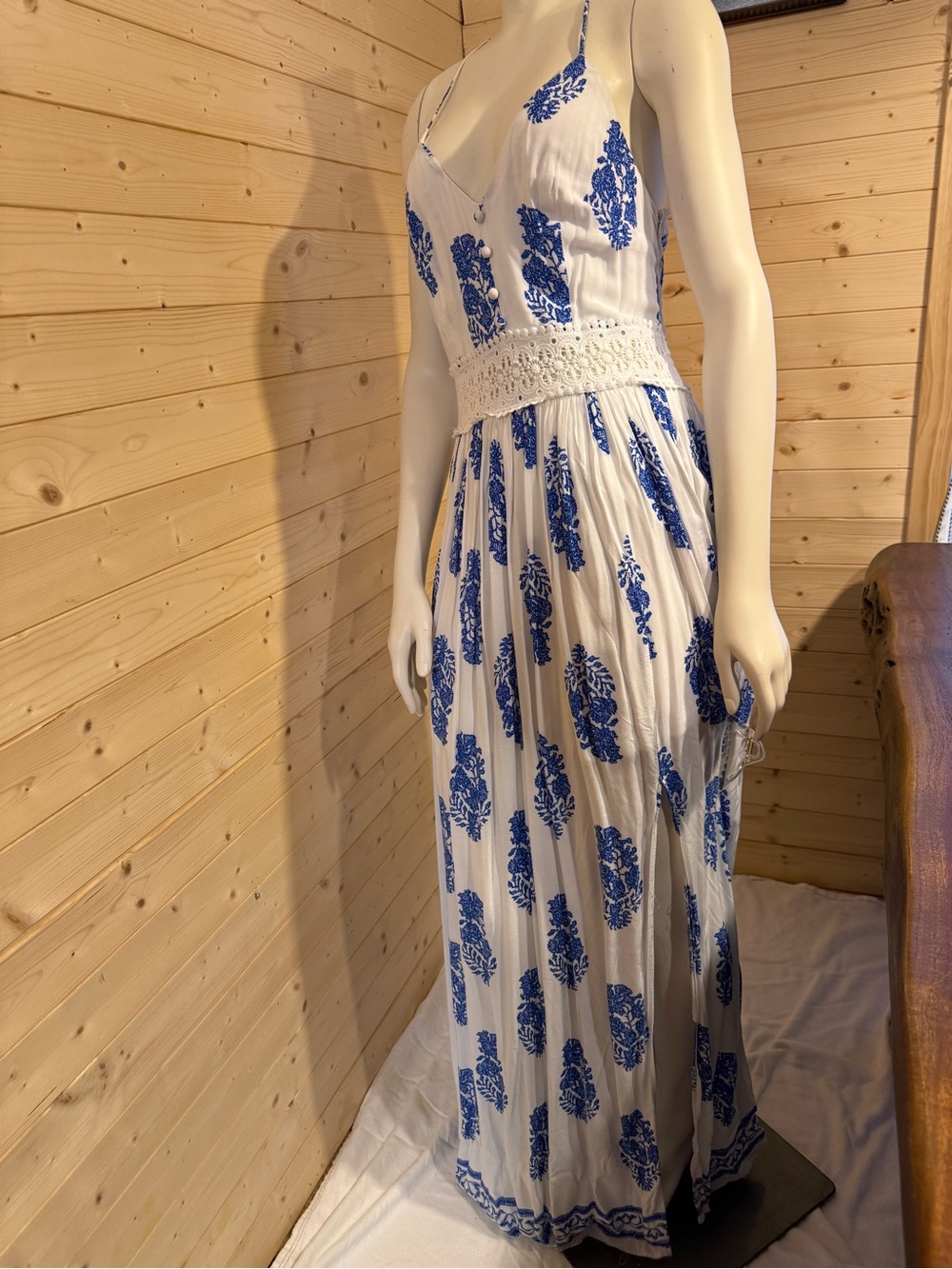 White and Blue Printed Maxi Dress with Crochet Waist